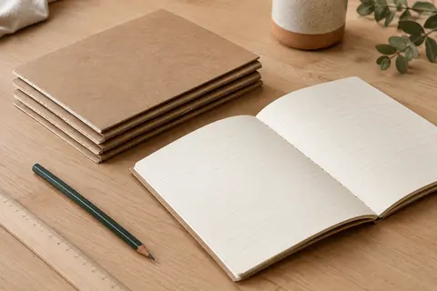 Cahiers à couverture kraft brune, avec un exemplaire ouvert sur des pages crème lignées