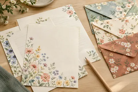 Feuilles de papier à lettres fleuries et enveloppes assorties disposées sur une table en bois clair