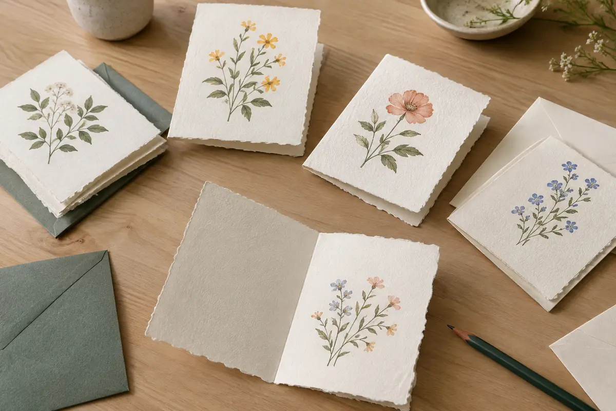Cartes blanches à bords frangés et motifs floraux, accompagnées d’enveloppes sur une table claire.