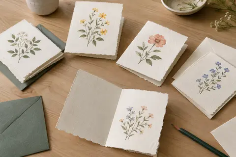 Cartes blanches à bords frangés et motifs floraux, accompagnées d’enveloppes sur une table claire.