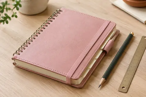 Carnet de mots de passe rose à spirale, avec onglets alphabétiques, élastique et boucle pour stylo.