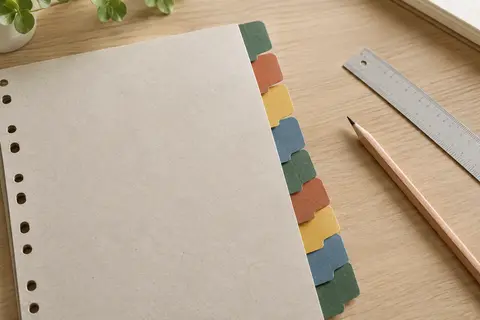 Intercalaires A4 en carton avec dix onglets colorés, posés sur une table en bois clair.