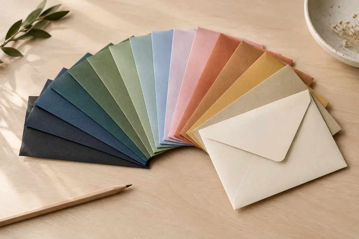 Assortiment d’enveloppes en papier vierges de plusieurs couleurs posé sur une table en bois clair