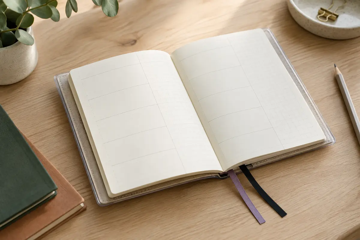 Semainier beige à couverture transparente, ouvert sur des pages crème avec deux rubans marque-pages.