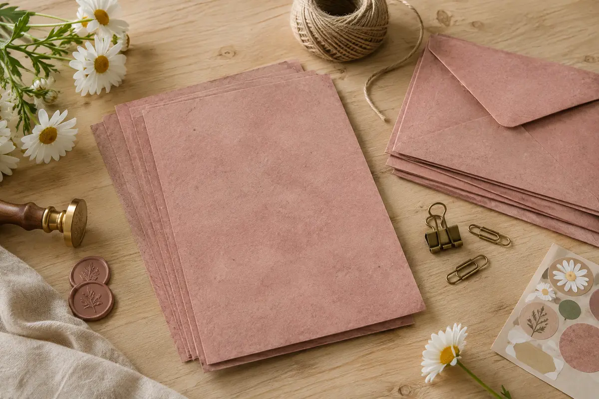 Ensemble de correspondance vintage rose avec feuilles A5, enveloppes et accessoires décoratifs sur une table claire.