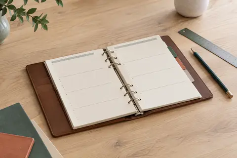 Agenda semainier marron ouvert sur une table en bois clair, avec anneaux et onglets mensuels colorés.