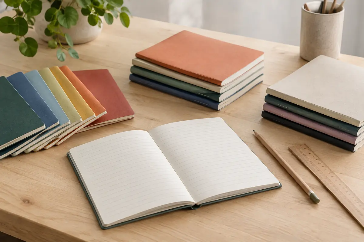 Lot de cahiers A5 colorés, avec pages lignées visibles et reliure à fil, posé sur une table en bois clair.