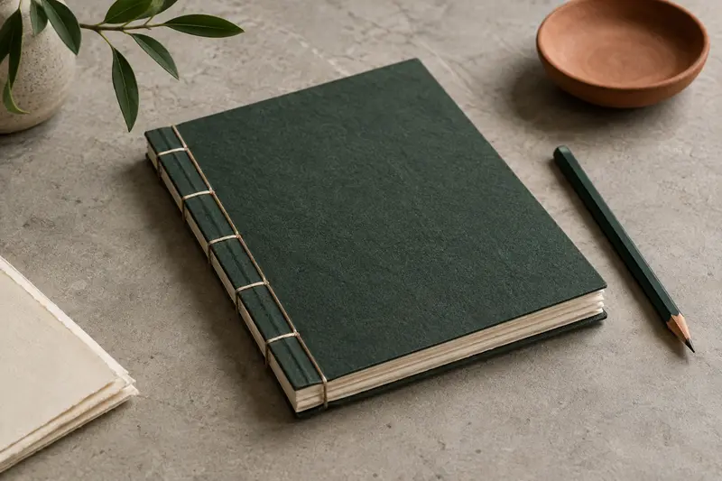 Détail d’un carnet et de feuilles de papier, éclairés doucement pour faire ressortir leurs textures.