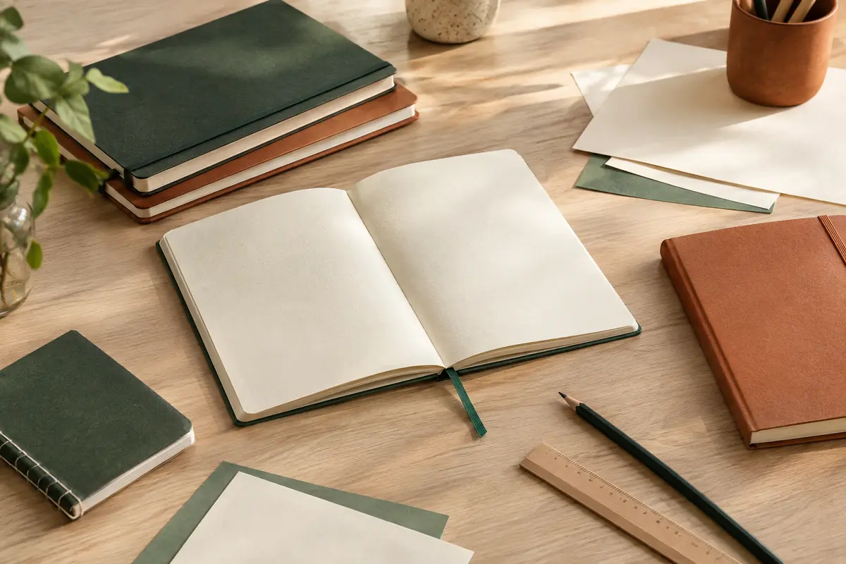 Carnets, feuilles et agenda réunis dans une composition lumineuse aux textures de papier visibles.